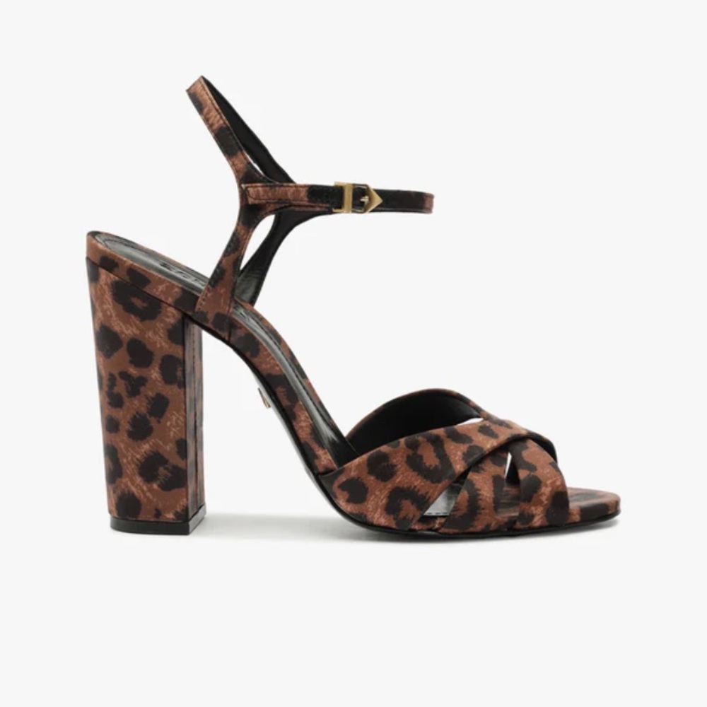 SCHUTZ KEEFA OPEN TOE BLOCK SANDAL Satin Leopard Print Heels Size 7.5